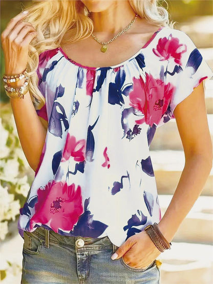 Blusa informal de verano con estampado floral y cuello redondo y manga corta para mujer