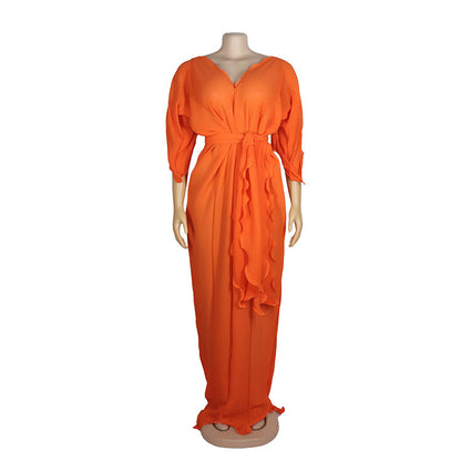 African Women Casual V-Neck Ruffled Solid Color Chiffon Loose Elegant Maxi Dress
