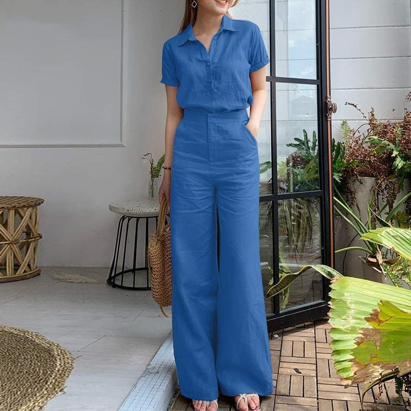 Conjunto de dos piezas de top y pantalón de manga corta con solapa y color liso informal para mujer