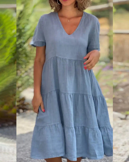 Vestido holgado informal de manga corta con cuello en V para mujer