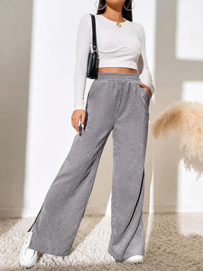 Women Fashion High Waist Casual Solid Color Corduroy Stitching Slit Pants
