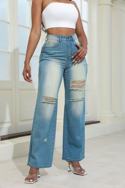 Vaqueros rotos de cintura alta informales a la moda para mujer