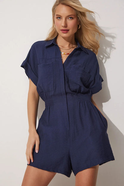 Overalls Casual Women Short-Sleeved Loose-Fit Cotton And Linen Casual Wide-Leg Rompers