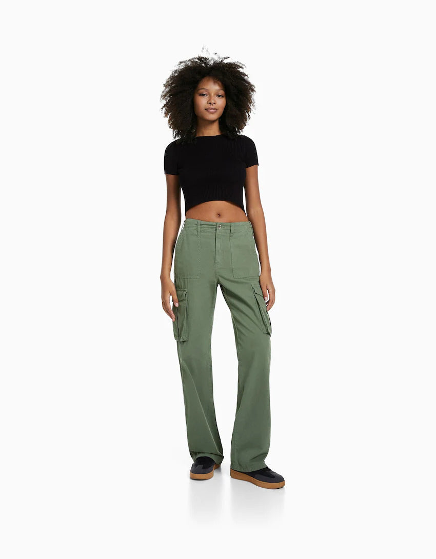 Women Fashion Casual Solid Color High Waist Pockets Cargo Pants