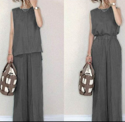 Conjunto de dos piezas formado por top y pantalón sin mangas, informal, de color liso, para mujer