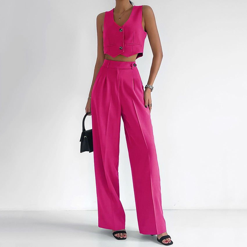 Conjunto de camiseta sin mangas corta con pantalones cortos de un solo pecho de color liso informal a la moda para mujer