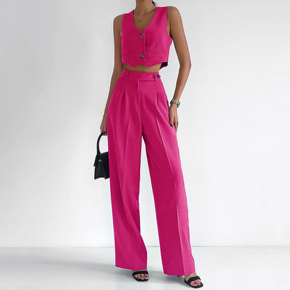 Conjunto de camiseta sin mangas corta con pantalones cortos de un solo pecho de color liso informal a la moda para mujer