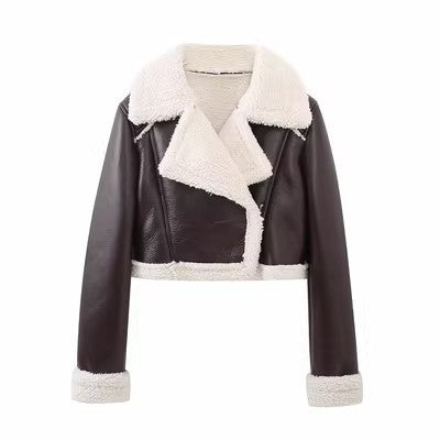 Chaqueta de felpa de PU informal de invierno para mujer
