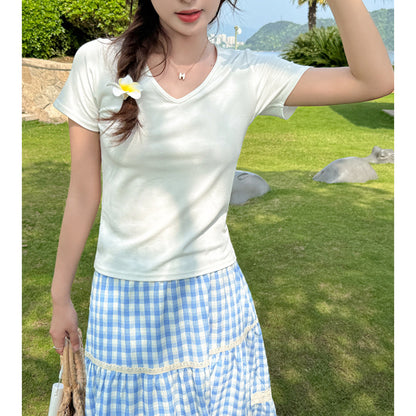 Camiseta informal de verano para mujer, color liso, cuello en V y manga corta
