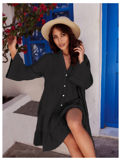 Women Summer Vacation Casual Loose Solid Color Flare Sleeve Flouncing Dress
