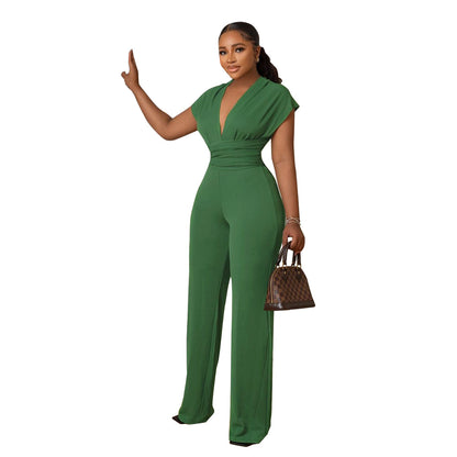 Women Fashion Casual Solid Color V-Neck Sleeveless Silm-Fit Jumpsuit