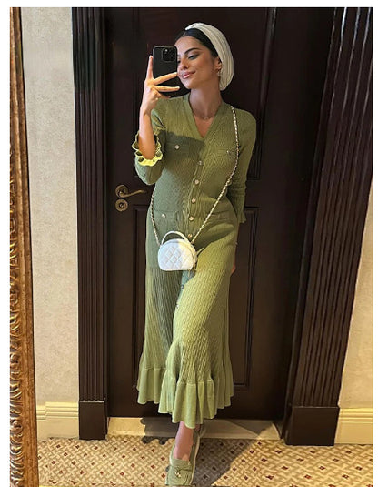 Vestido maxi de punto ajustado de manga larga con escote en V y color liso informal de otoño para mujer