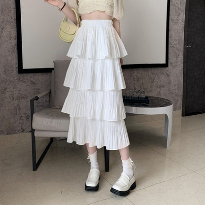 Women Fashion Casual Solid Color Ruffle Chiffon High Waist Skirt