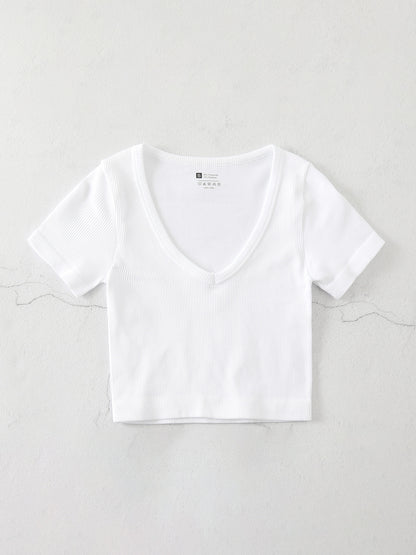 Women Fashion Casual Solid Color V-Neck Short-Sleeve Seamless Yoga Sports T-Shirt