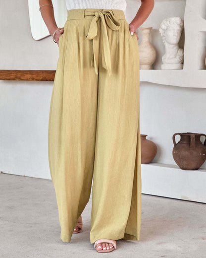 Pantalones anchos de encaje de cintura alta de color sólido casuales de moda de verano para mujer