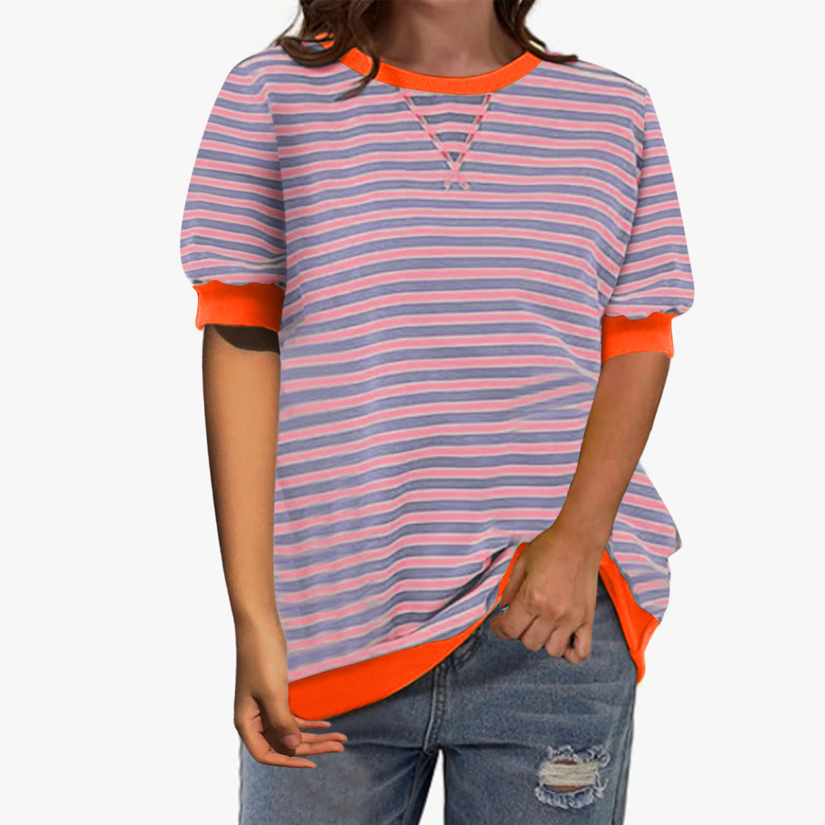 Camiseta informal sencilla de manga corta con estampado de rayas y cuello redondo con bloques de color para mujer