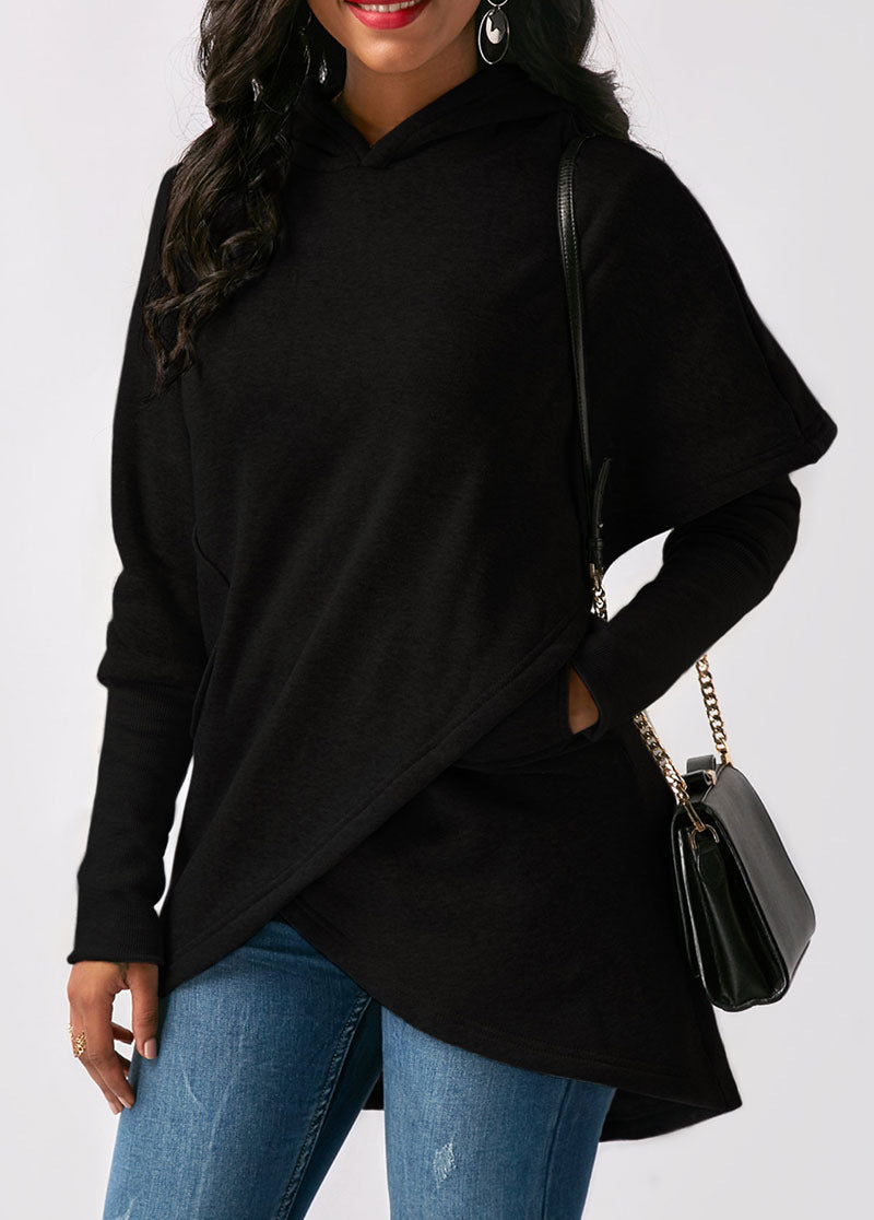 Sudadera con capucha de manga larga con dobladillo irregular y color liso informal para mujer