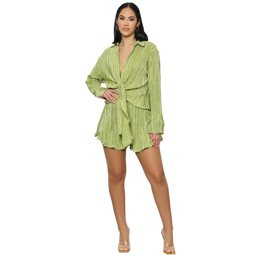 Conjunto de dos piezas para mujer, informal, con dobladillo anudado, manga larga, plisado, a la moda, blusa y pantalones cortos para vacaciones