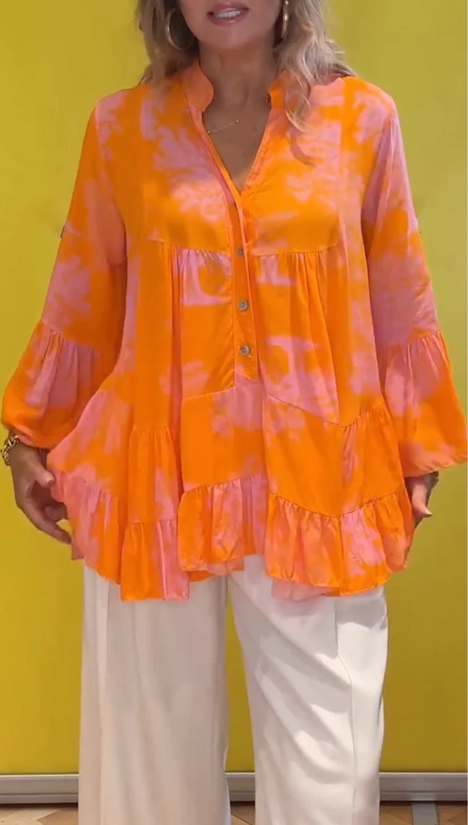 Blusa informal de verano con volantes y manga larga con estampado irregular para mujer