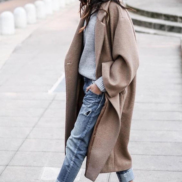 Abrigo de lana cálido de color liso largo informal para mujer, otoño e invierno