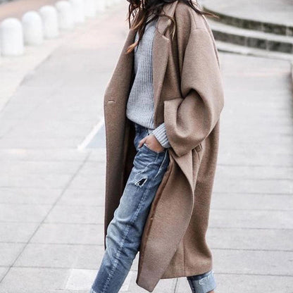 Abrigo de lana cálido de color liso largo informal para mujer, otoño e invierno