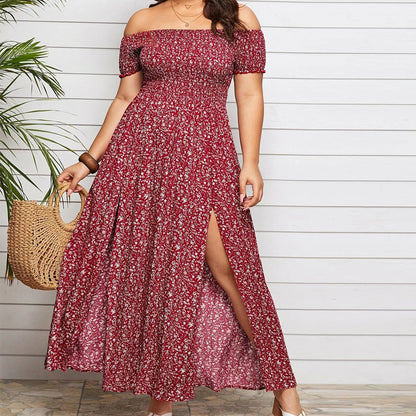Women Plus Size Casual Bohemian Floral Print Off Shoulder Slit Maxi Dress