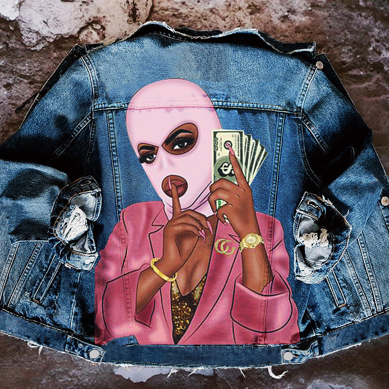 Chaqueta vaquera informal de manga larga con estampado gráfico y botonadura sencilla para mujer