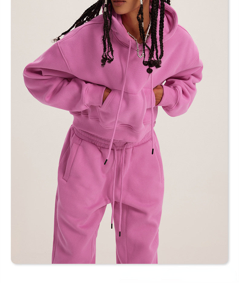 Athleisure Casual Fashion Solid Color Pullover Drawstring Pocket Hoodie Pants Set Women Sports Set