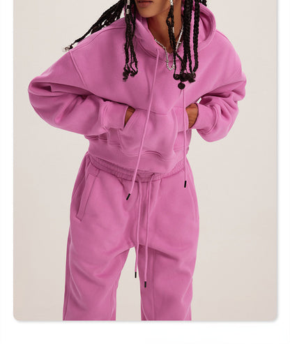 Athleisure Casual Fashion Solid Color Pullover Drawstring Pocket Hoodie Pants Set Women Sports Set