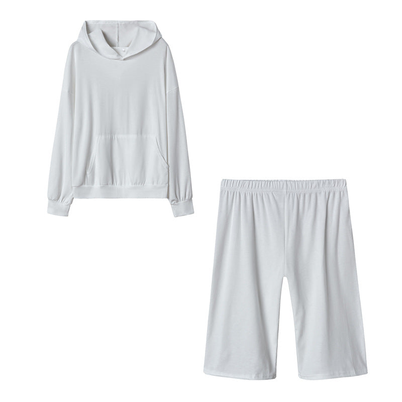 Conjunto deportivo de 2 piezas con capucha, manga larga, pantalones cortos y cintura definida, informal, de color liso, para mujer