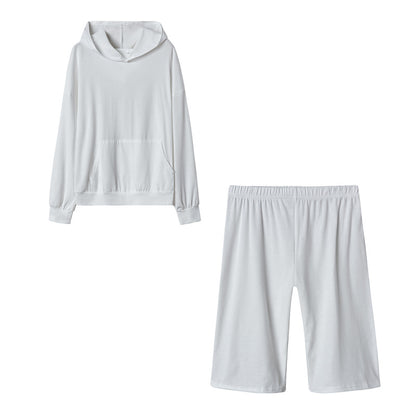Conjunto deportivo de 2 piezas con capucha, manga larga, pantalones cortos y cintura definida, informal, de color liso, para mujer