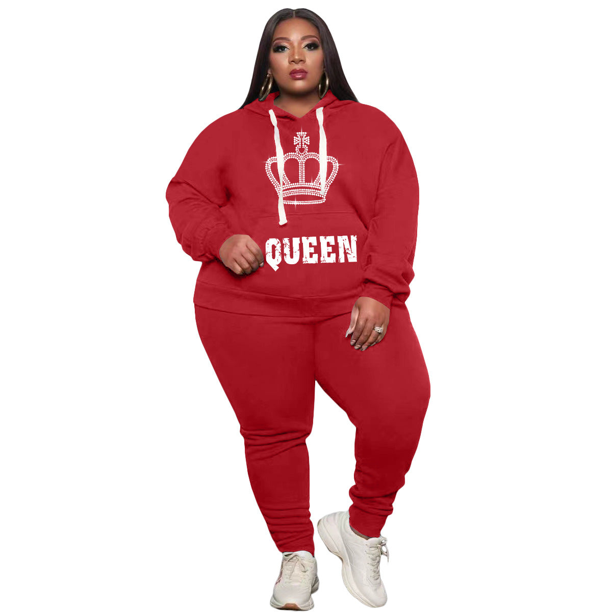 Conjunto de dos piezas deportivo informal de talla grande para mujer, de manga larga, con estampado de letras Queen y pantalones de color liso con diamantes de imitación
