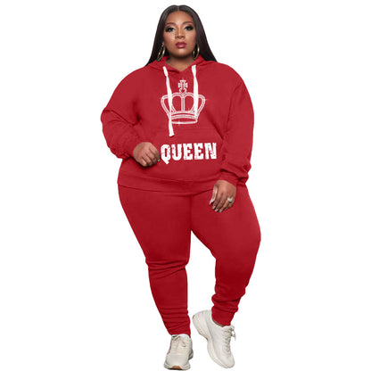 Conjunto de dos piezas deportivo informal de talla grande para mujer, de manga larga, con estampado de letras Queen y pantalones de color liso con diamantes de imitación