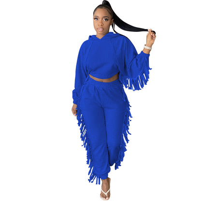 Women Fashion Solid Color Casual Sports Hood Tassel Edge Two-Piece Set