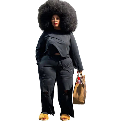 Autumn Plus Size Women Fashion Basic Casual Solid Color Top And Pants Two-piece Set