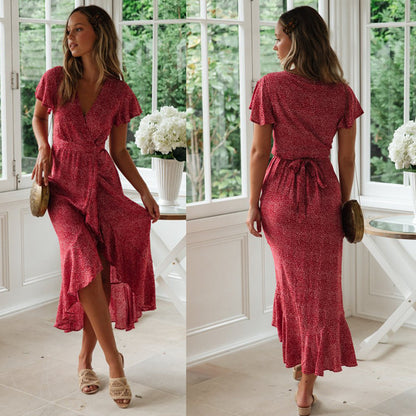 Women Fashion Casual Tiny Flower Printing Ruffled Irregular Wrap Dress