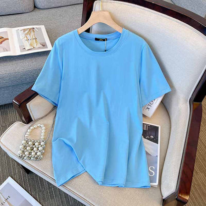 Camiseta informal de manga corta con cuello redondo y talla grande para mujer