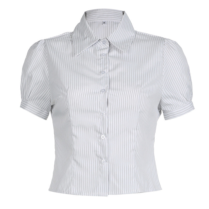 Camisa informal de verano para mujer con solapa y rayas de manga corta