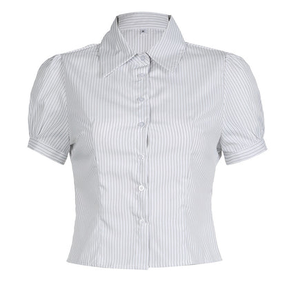 Camisa informal de verano para mujer con solapa y rayas de manga corta