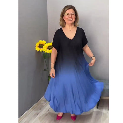 Summer Women Casual Loose Plus Size V-Neck Gradient Short-Sleeved Dress