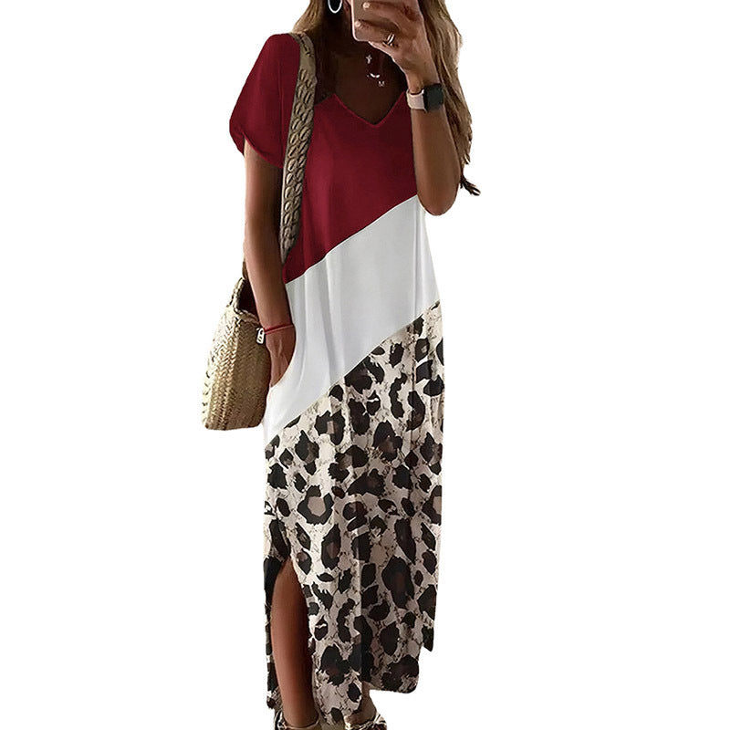 Women Casual Short Sleeve Leopard Print Side-Slit Maxi Dress