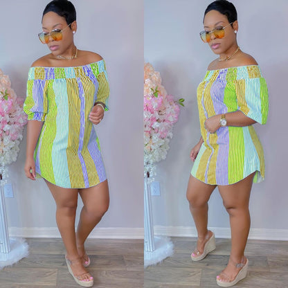 Women Casual Edgy Fashion Irregular Hem Color Blocking Stripe Loose Off-the-shoulder Short Sleeves Dress