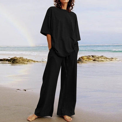 Women Fashion Casual Plus Size Solid Color Round Neck Short Sleeve Top Drawstring Wide Leg Pants Two-Piece Set