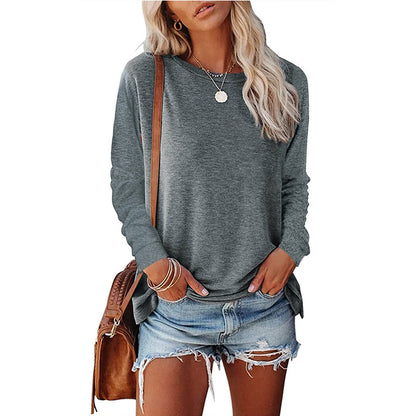 Camiseta informal holgada de manga larga con cuello redondo para mujer