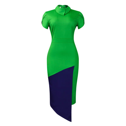 Vestido informal elegante con cuello alto y manga corta con bloques de color para mujer
