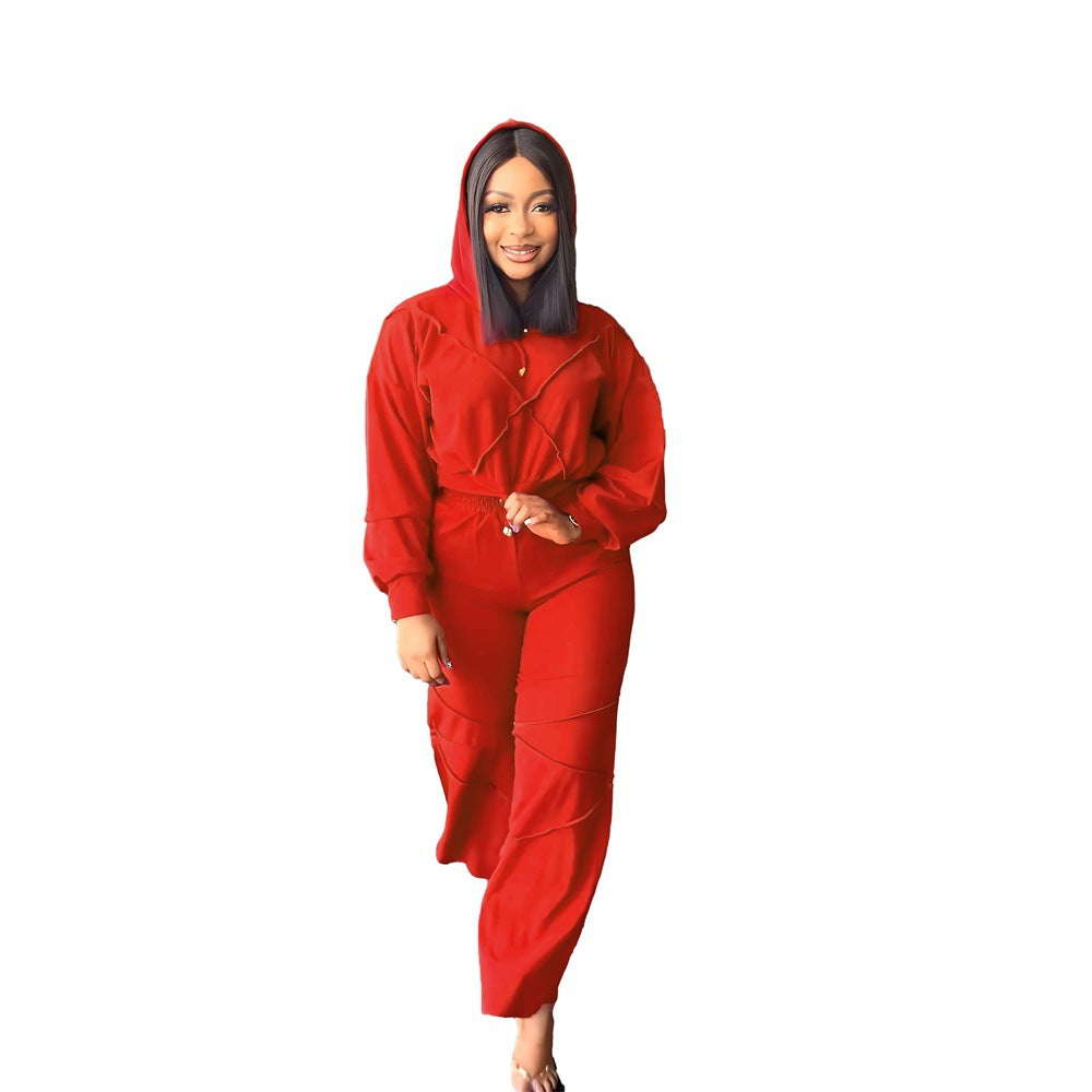 Women Athleisure Fashionable Sports Solid Color Hooded Straight Casual Pants Two-Piece Set