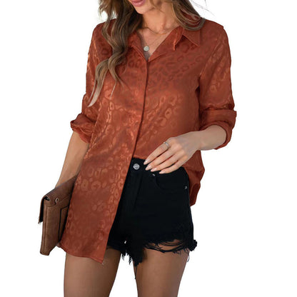 Blusa informal de manga larga con solapa y estampado de leopardo y satén jacquard para mujer