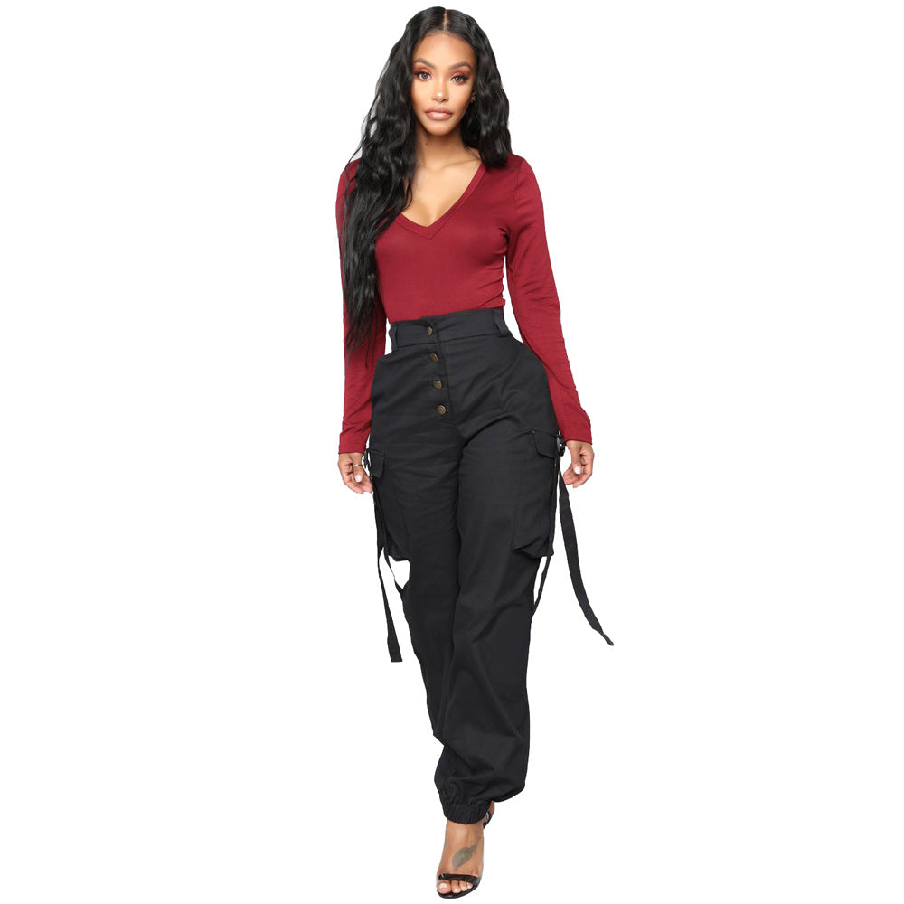 Pantalones deportivos casuales de cintura media con botones y múltiples bolsillos para mujer