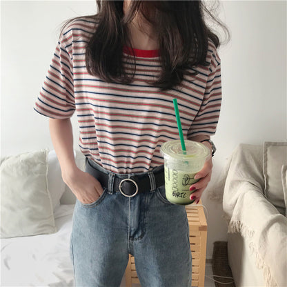 Camiseta básica informal de verano a rayas de manga corta para mujer