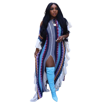 Women Casual Ruffled Knit Stripe Split Maxi Dress